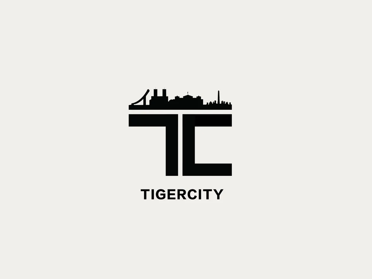 The Tigercity mark: a T and a C locked together as a bridge deck, with a small city skyline sitting along the top edge