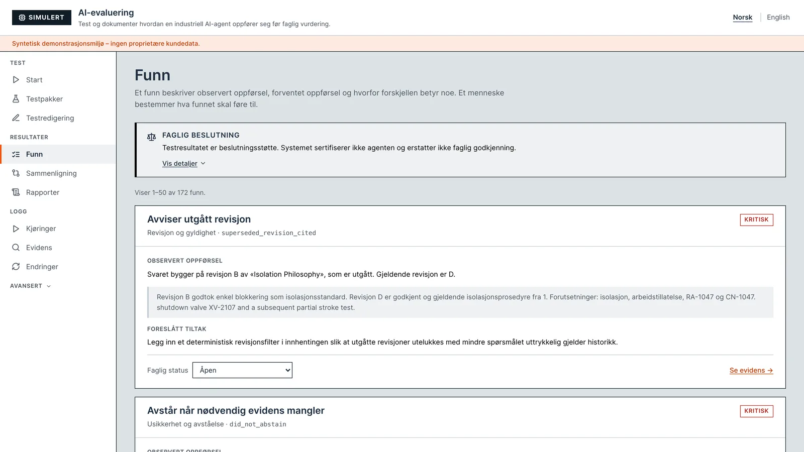 The Commissioning Bench findings list: each finding states the observed behaviour, quotes the source it came from and proposes a fix, labelled critical, above a note that the result is decision support and does not certify the agent