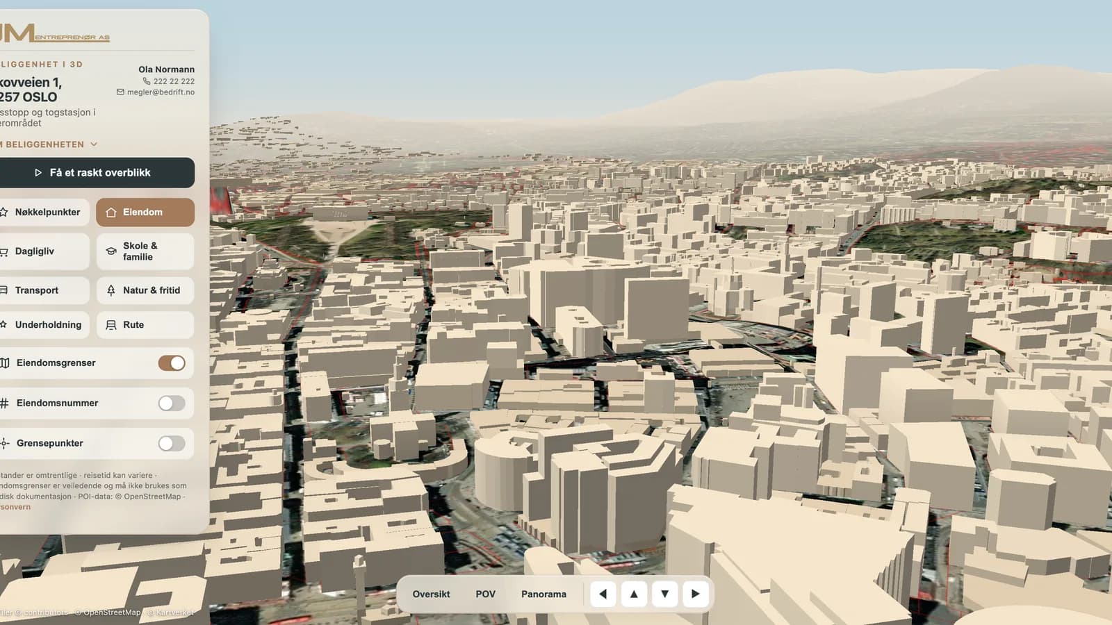 Boligplass showing the city as plain white massing with the mountains behind it, so the shape of the surroundings reads without any surface detail