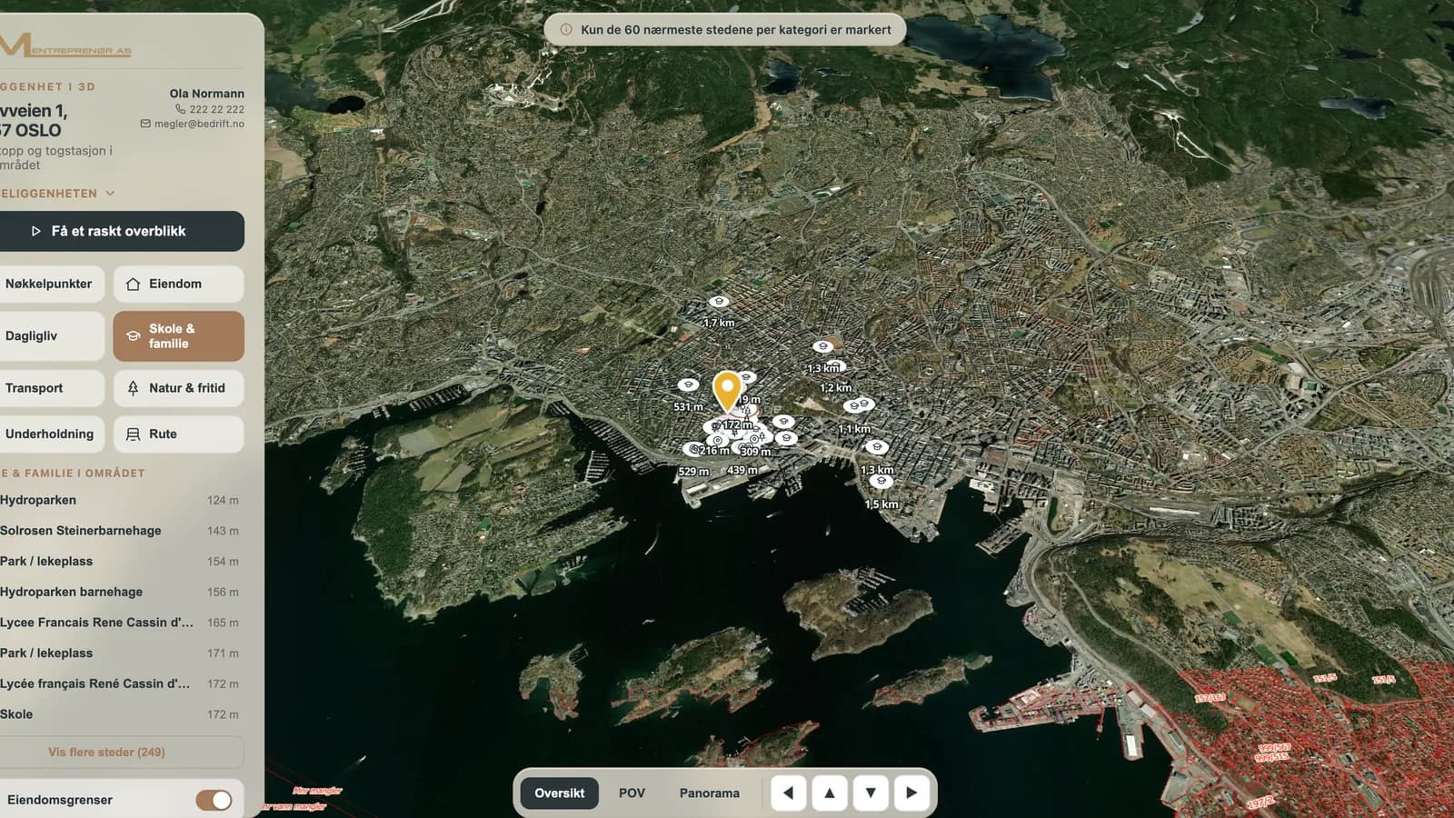 Boligplass showing an address in Oslo from above: a satellite view with clustered markers over the city, and a panel listing nearby schools, parks and playgrounds with the distance to each