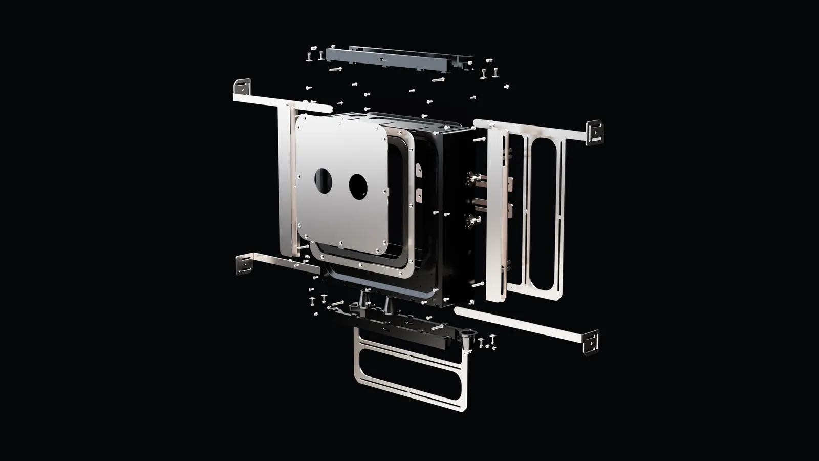 An exploded three-dimensional render of a stainless steel enclosure: the panels, brackets and fasteners held apart in dark space so every part can be seen separately