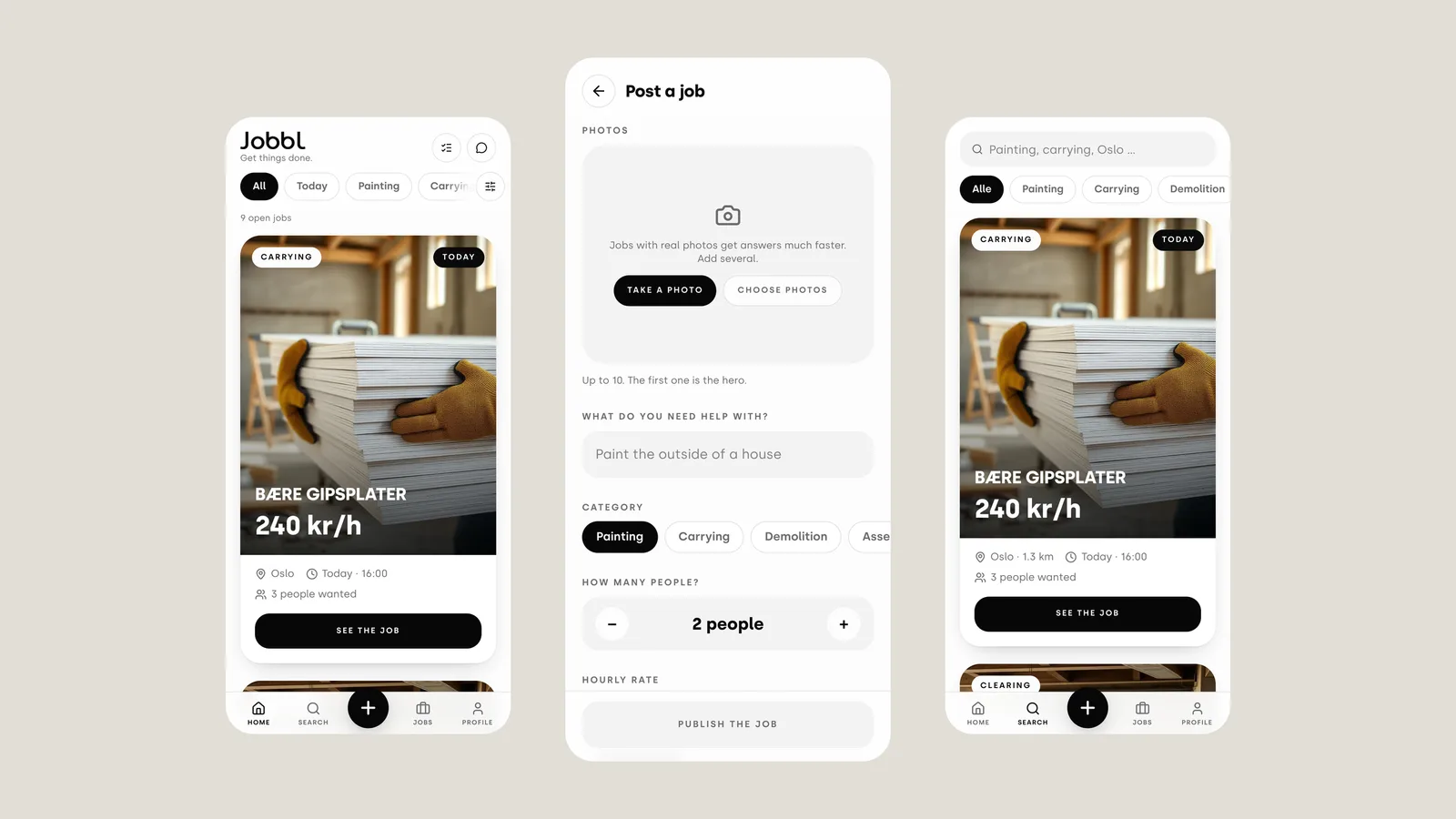 Three screens from the JOBBL app side by side: a job card offering 240 kroner an hour, the form for posting a job, and the search screen