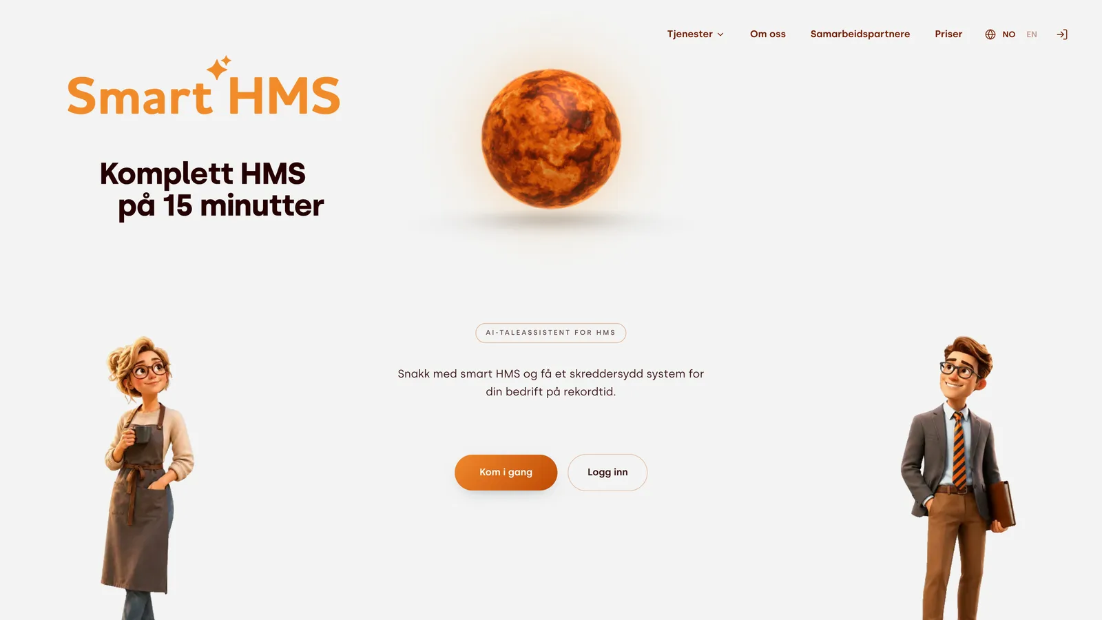 The Smart HMS homepage: the orange Smart HMS wordmark above the headline "Komplett HMS på 15 minutter", with two illustrated characters either side of a Get started and a Sign in button