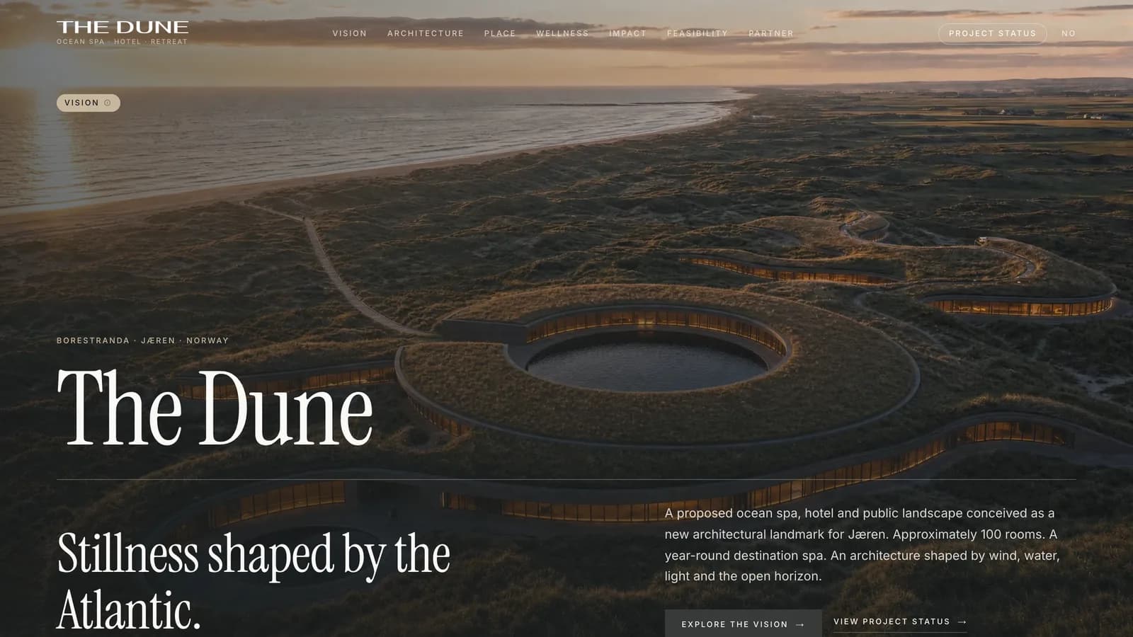 The Dune homepage: an aerial view at dusk of a low circular building set into coastal dunes beside a long Atlantic beach, with the headline "Stillness shaped by the Atlantic"