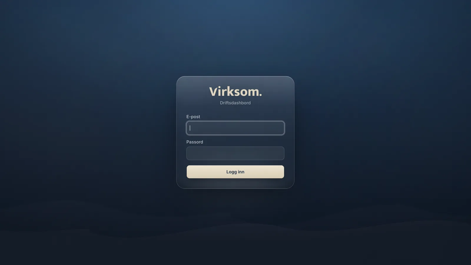 The Virksom sign-in screen: the product name above an operations-dashboard subtitle, with an email and password form on a deep blue ground