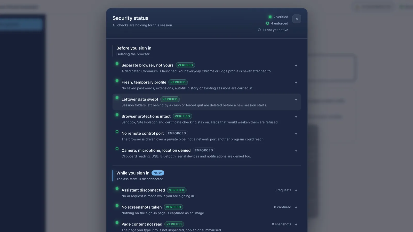 The security status panel: all checks holding for the session, seven verified, four enforced and eleven not yet active, grouped by phase, starting with isolating the browser before sign-in