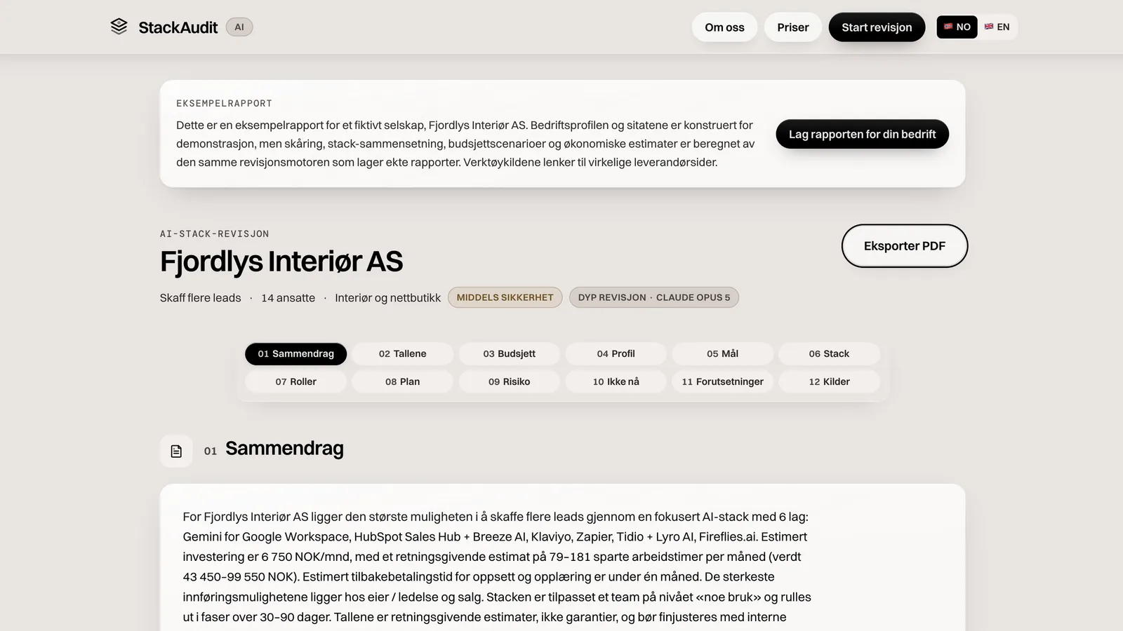 A StackAudit report for an example company: twelve numbered sections across the top, from summary and figures to assumptions and sources, with the summary open