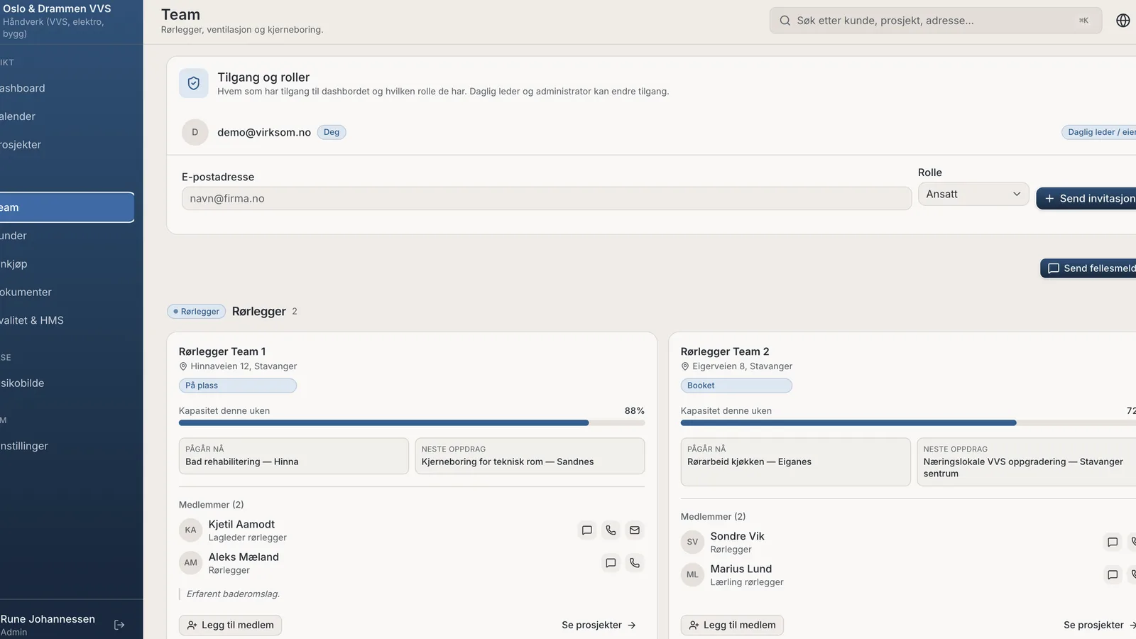 The Virksom team screen: an access-and-roles panel with an invitation form, above two teams showing their capacity for the week, the job each is on now and the one after it